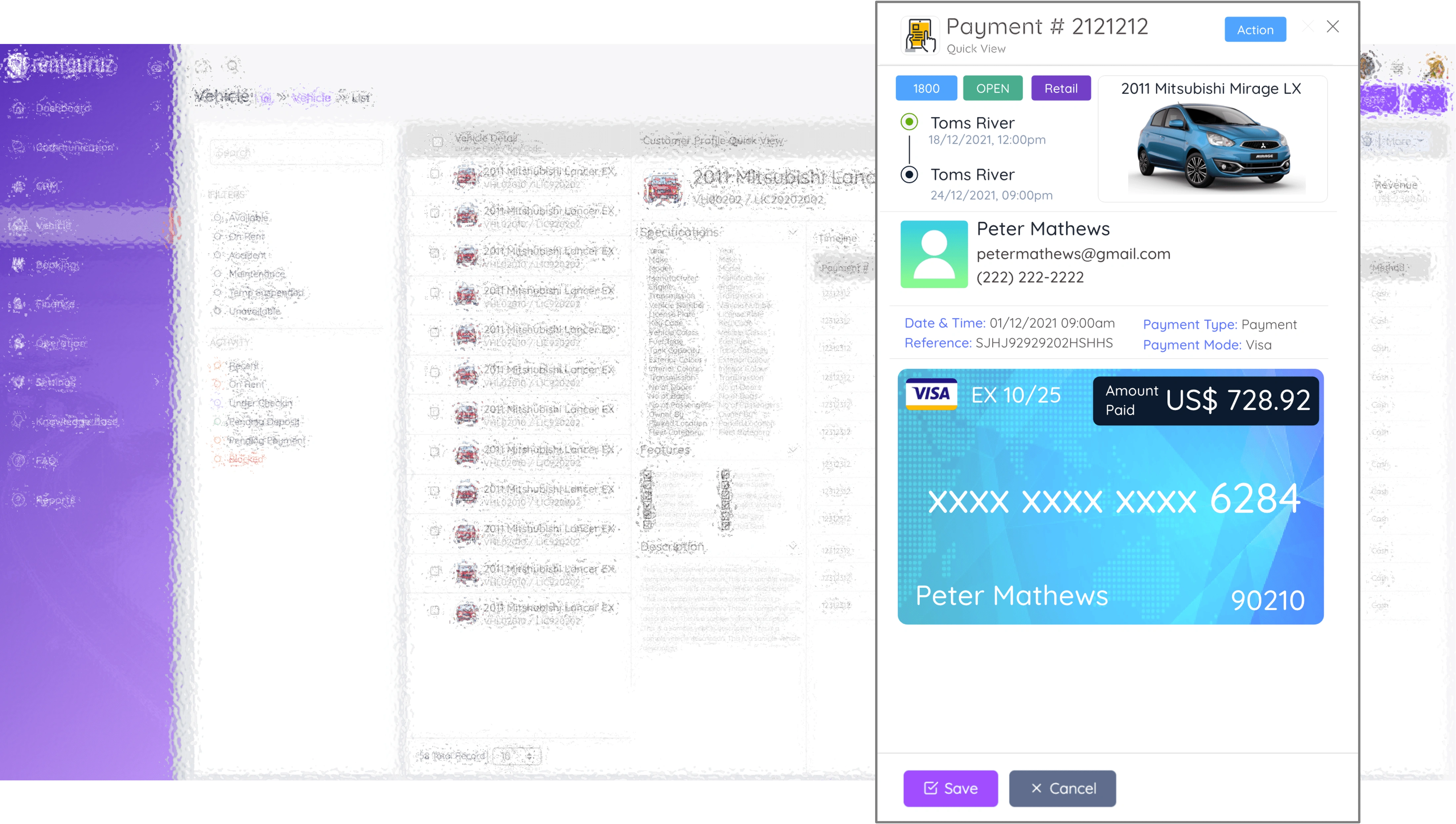 RentGuruz payment management dashboard with credit card transaction and customer details